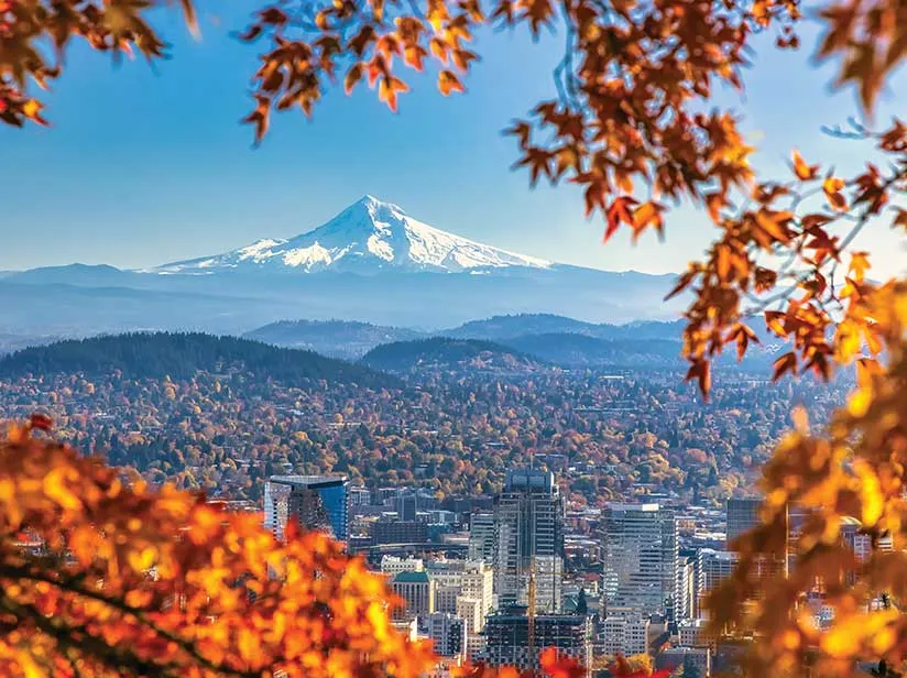 Autumn cityscape of Portland, Oregon, featuring Mt. Hood in the background amidst vibrant fall foliage.